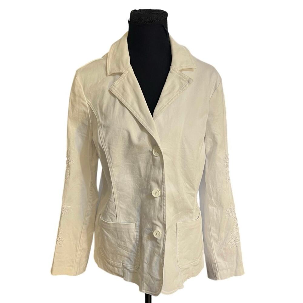 Susan Graver White Eyelet Trim Casual Cotton Blazer Jacket Size L